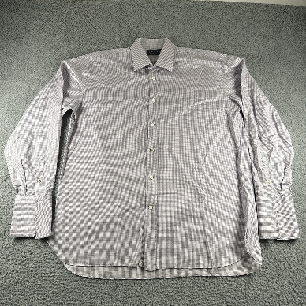 Sulka Shirt Mens 17.5 Blue 100% Cotton Check Dress Spread Collar Made Italy